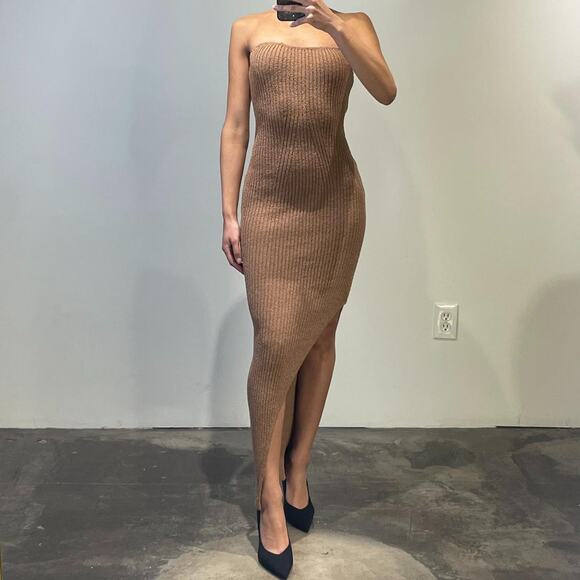 Mocha Knitted Asymmetrical Midi Dress - Picture 1 of 5